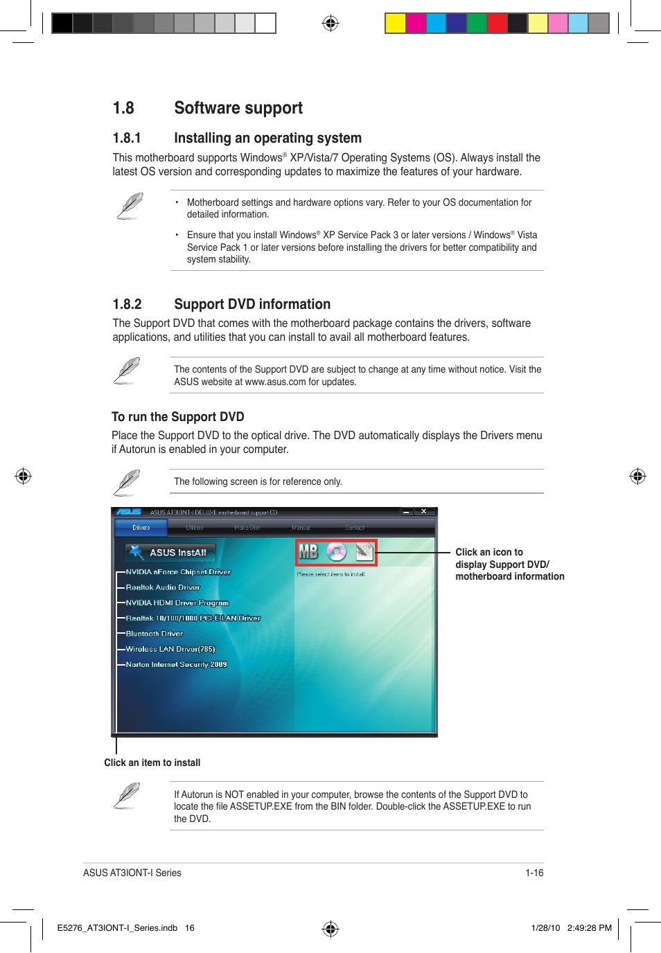 8 software support, 1 installing an operating system, 2 support dvd information | Asus AT3IONT-I DELUXE User Manual | Page 25 / 46