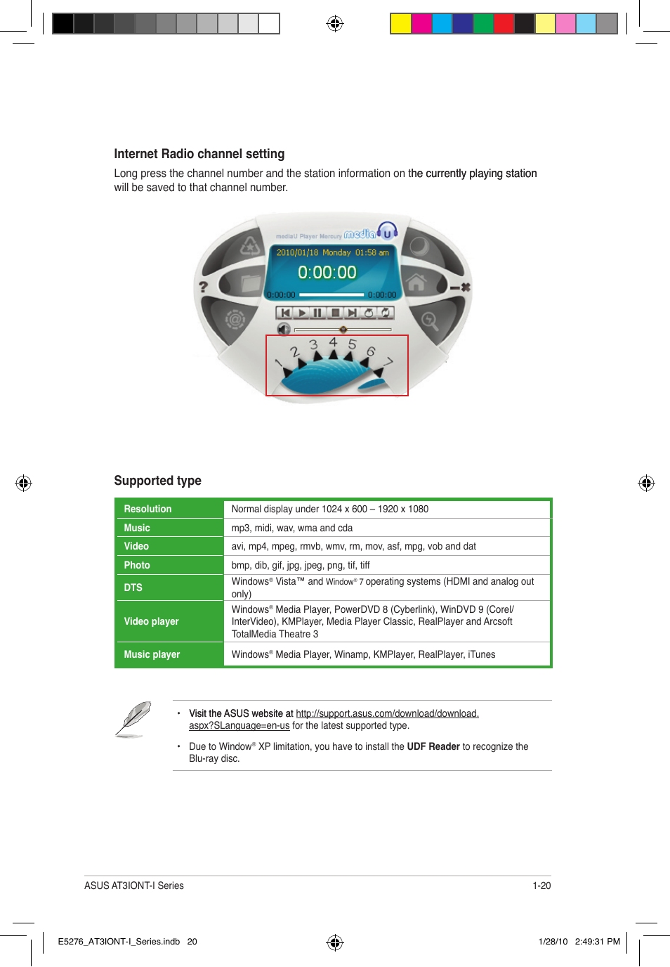 Supported type, Internet radio channel setting | Asus AT3IONT-I DELUXE User Manual | Page 29 / 46