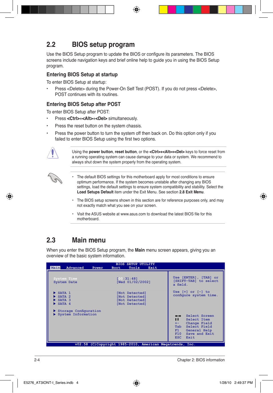 3 main menu, 2 bios setup program, Entering bios setup at startup | Entering bios setup after post | Asus AT3IONT-I DELUXE User Manual | Page 34 / 46