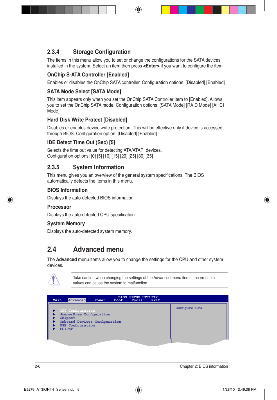 4 advanced menu, 4 storage configuration, 5 system information | Asus AT3IONT-I DELUXE User Manual | Page 36 / 46