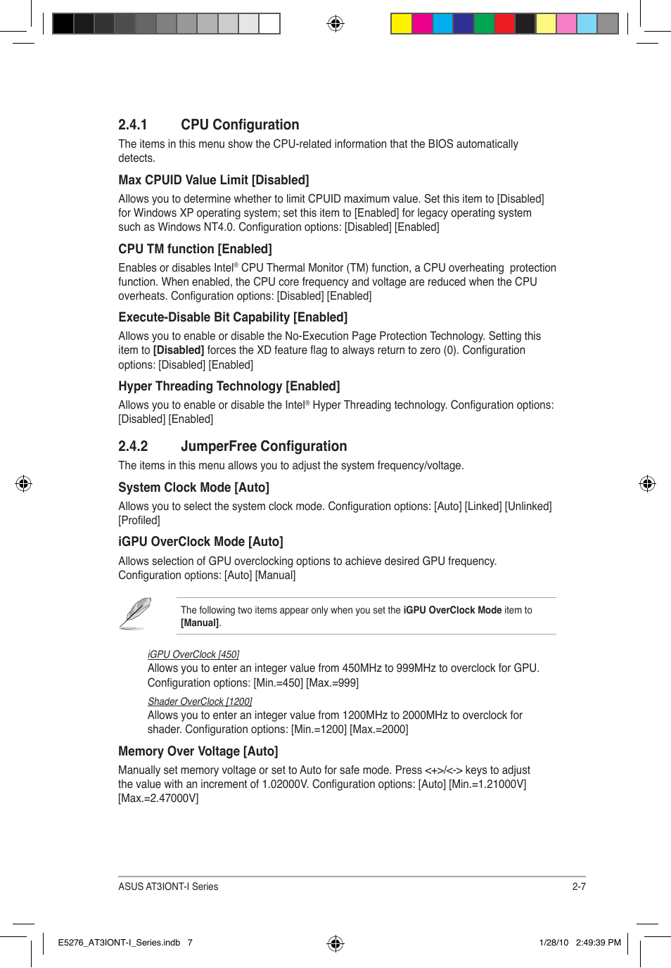 1 cpu configuration, 2 jumperfree configuration | Asus AT3IONT-I DELUXE User Manual | Page 37 / 46