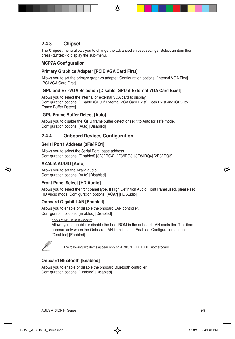 3 chipset, 4 onboard devices configuration | Asus AT3IONT-I DELUXE User Manual | Page 39 / 46