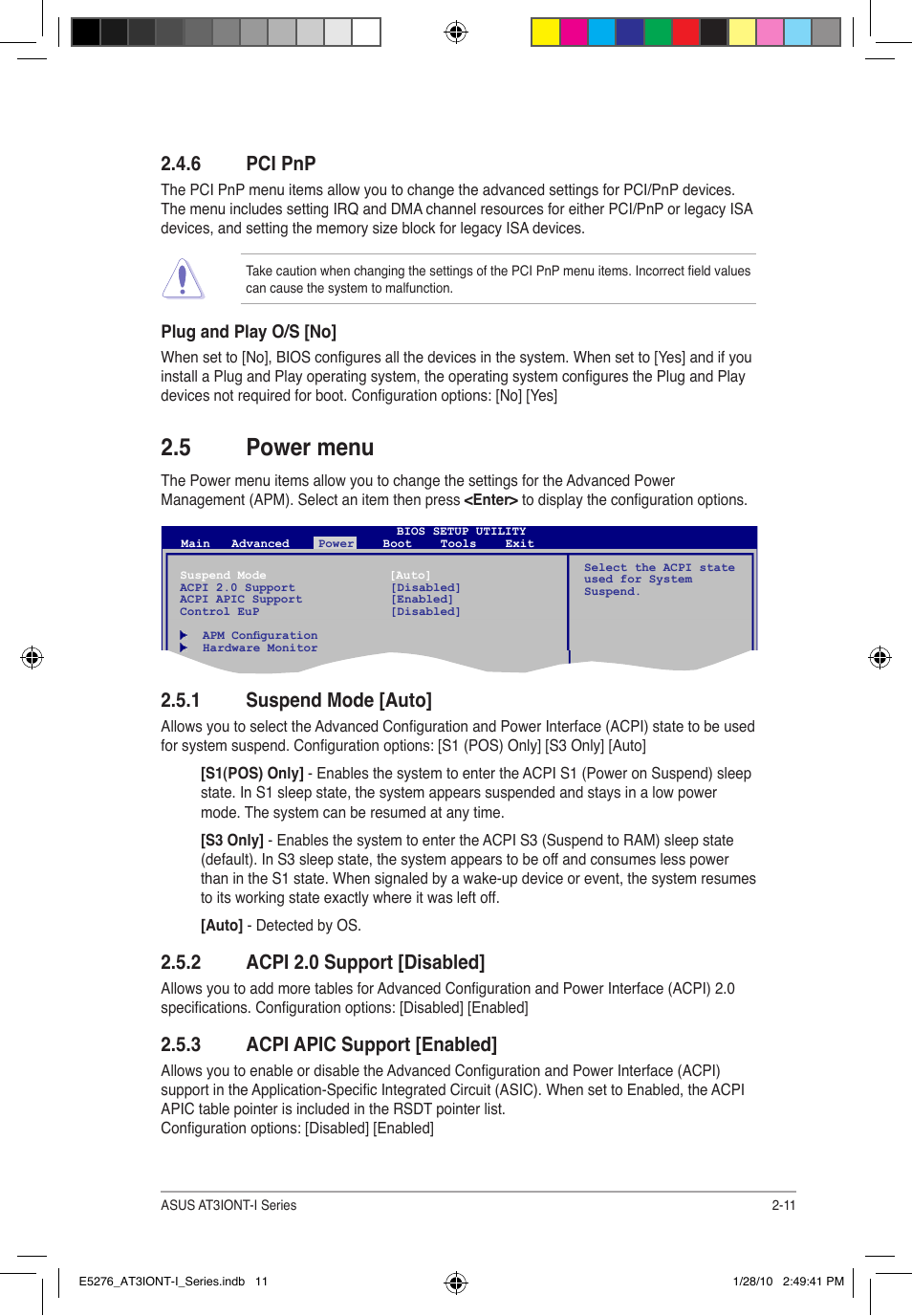 5 power menu, 6 pci pnp, 1 suspend mode [auto | 2 acpi 2.0 support [disabled, 3 acpi apic support [enabled | Asus AT3IONT-I DELUXE User Manual | Page 41 / 46