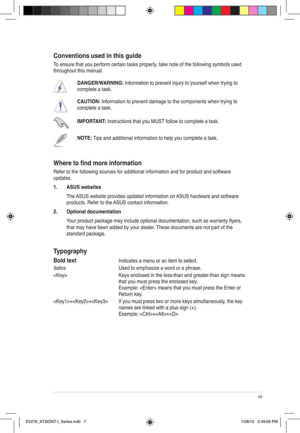 Conventions used in this guide, Where to find more information, Typography | Asus AT3IONT-I DELUXE User Manual | Page 7 / 46