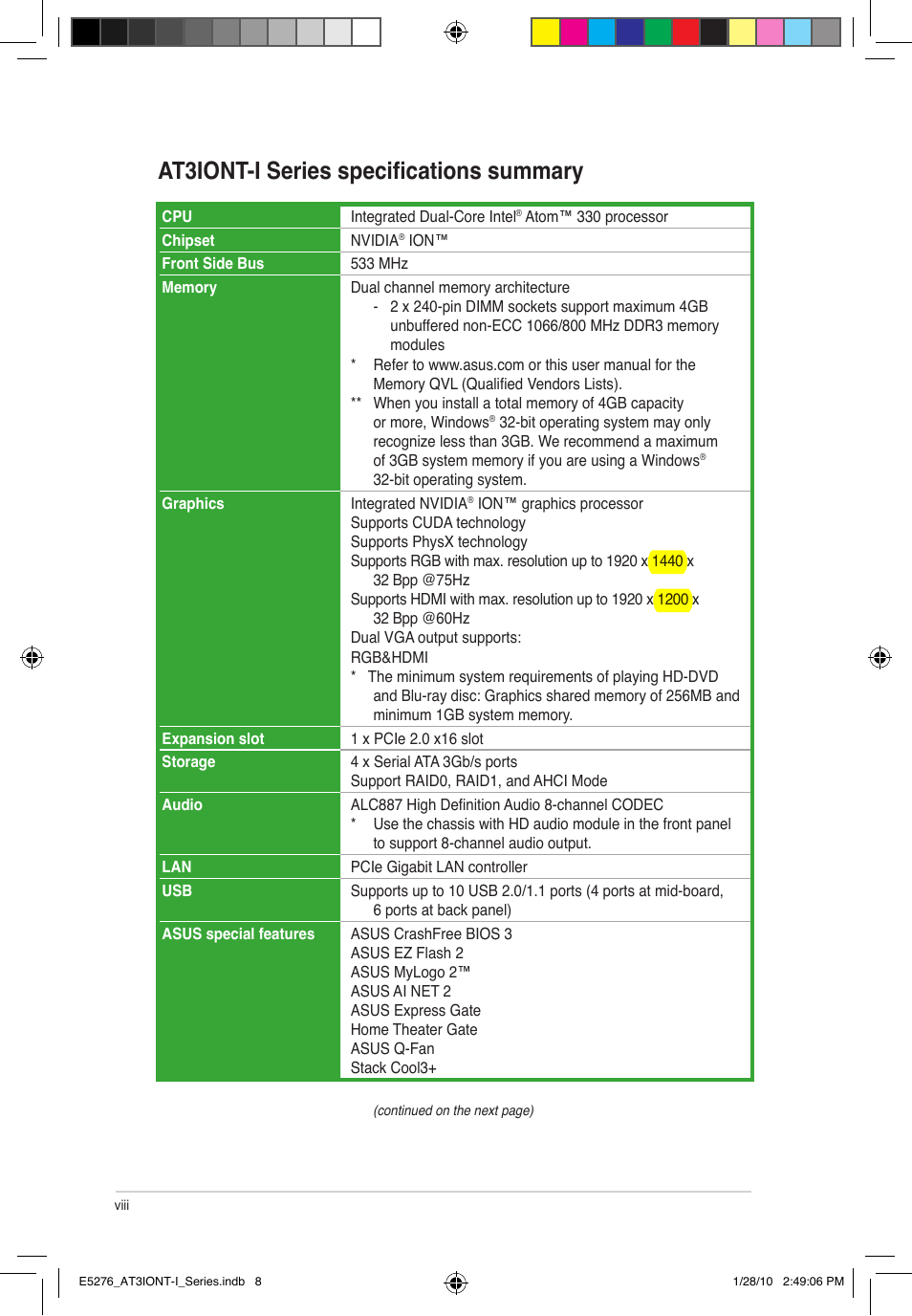 At3iont-i series specifications summary | Asus AT3IONT-I DELUXE User Manual | Page 8 / 46