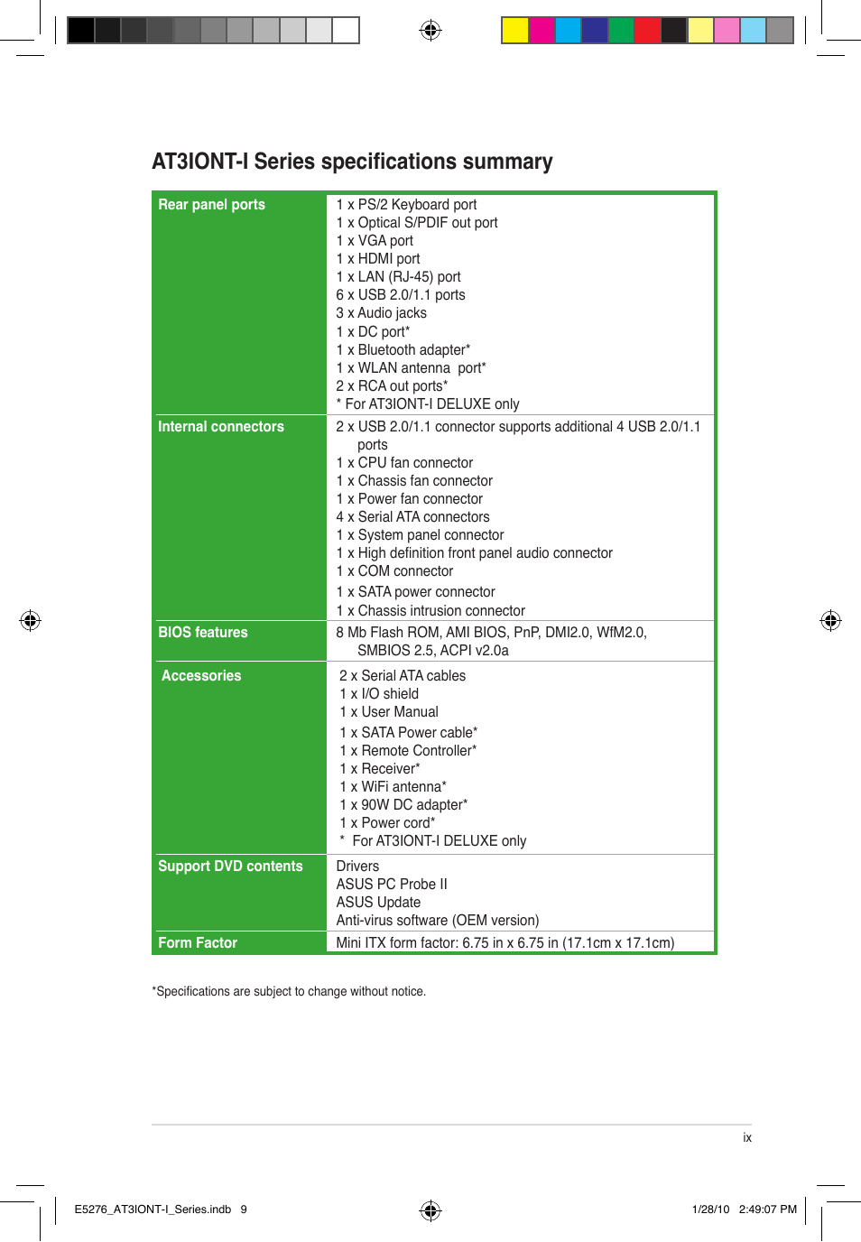At3iont-i series specifications summary | Asus AT3IONT-I DELUXE User Manual | Page 9 / 46