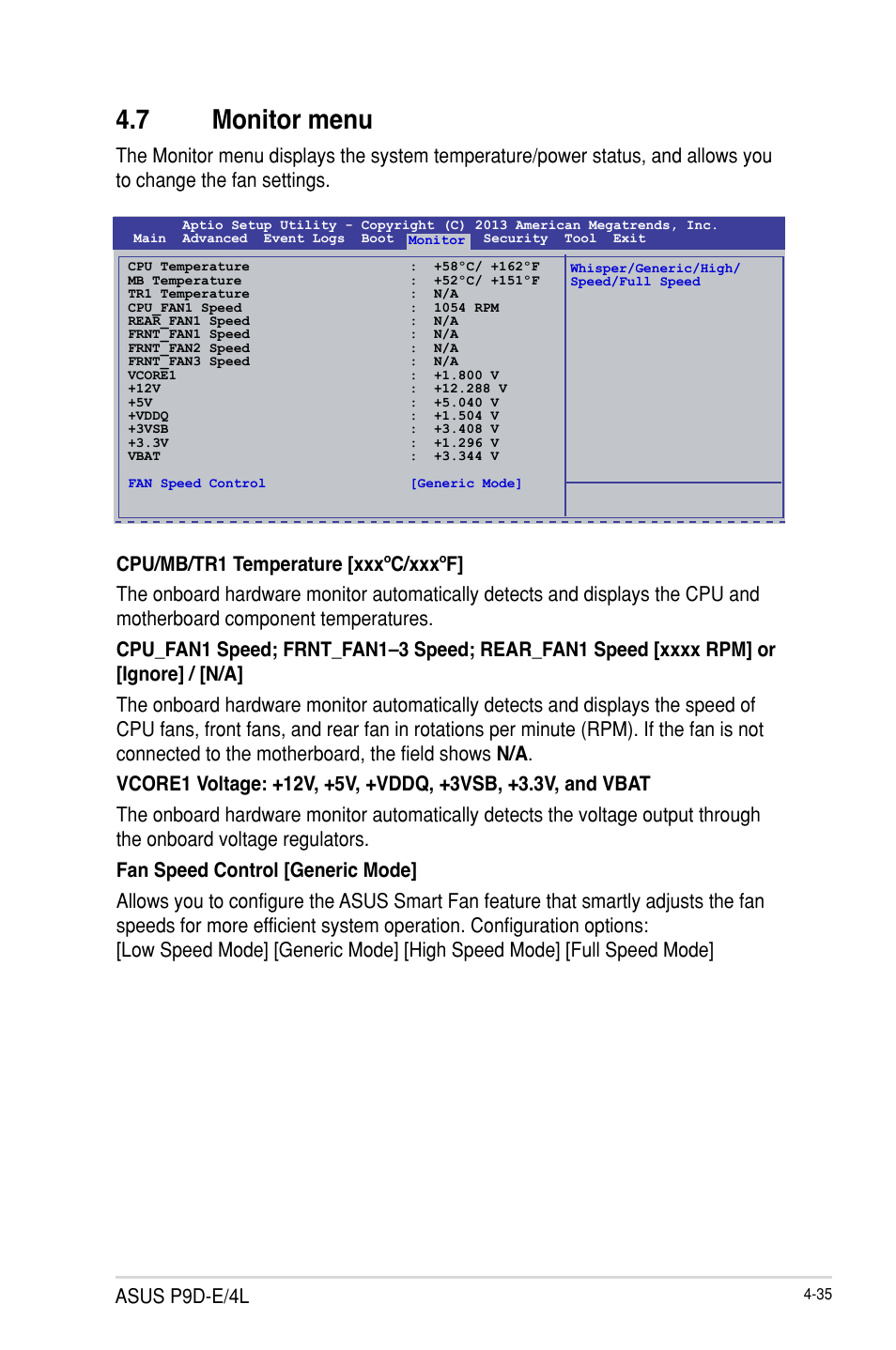 7 monitor menu, Monitor menu -35, Asus p9d-e/4l | Asus P9D-E/4L User Manual | Page 100 / 159