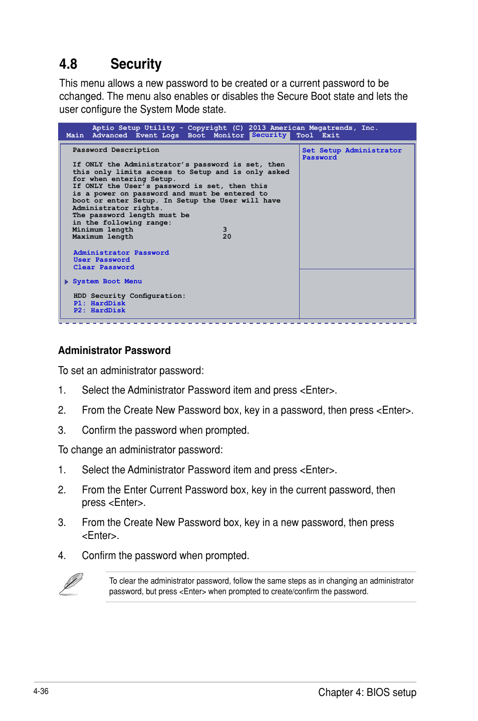 8 security, Security -36, Chapter 4: bios setup | Asus P9D-E/4L User Manual | Page 101 / 159