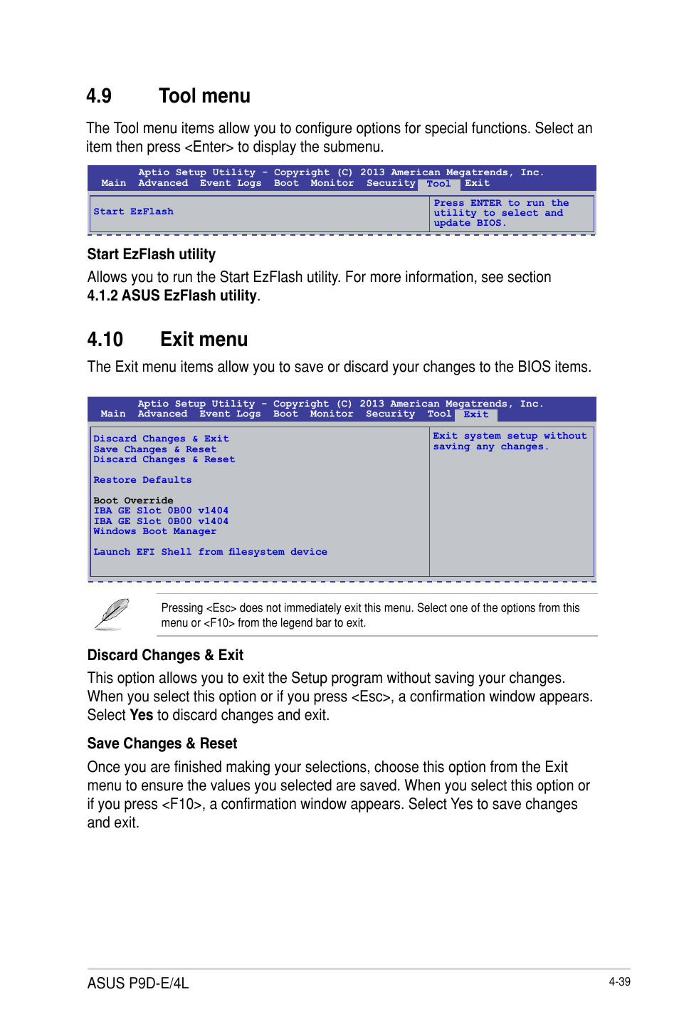 9 tool menu, 10 exit menu, Tool menu -39 | Exit menu -39, Asus p9d-e/4l | Asus P9D-E/4L User Manual | Page 104 / 159