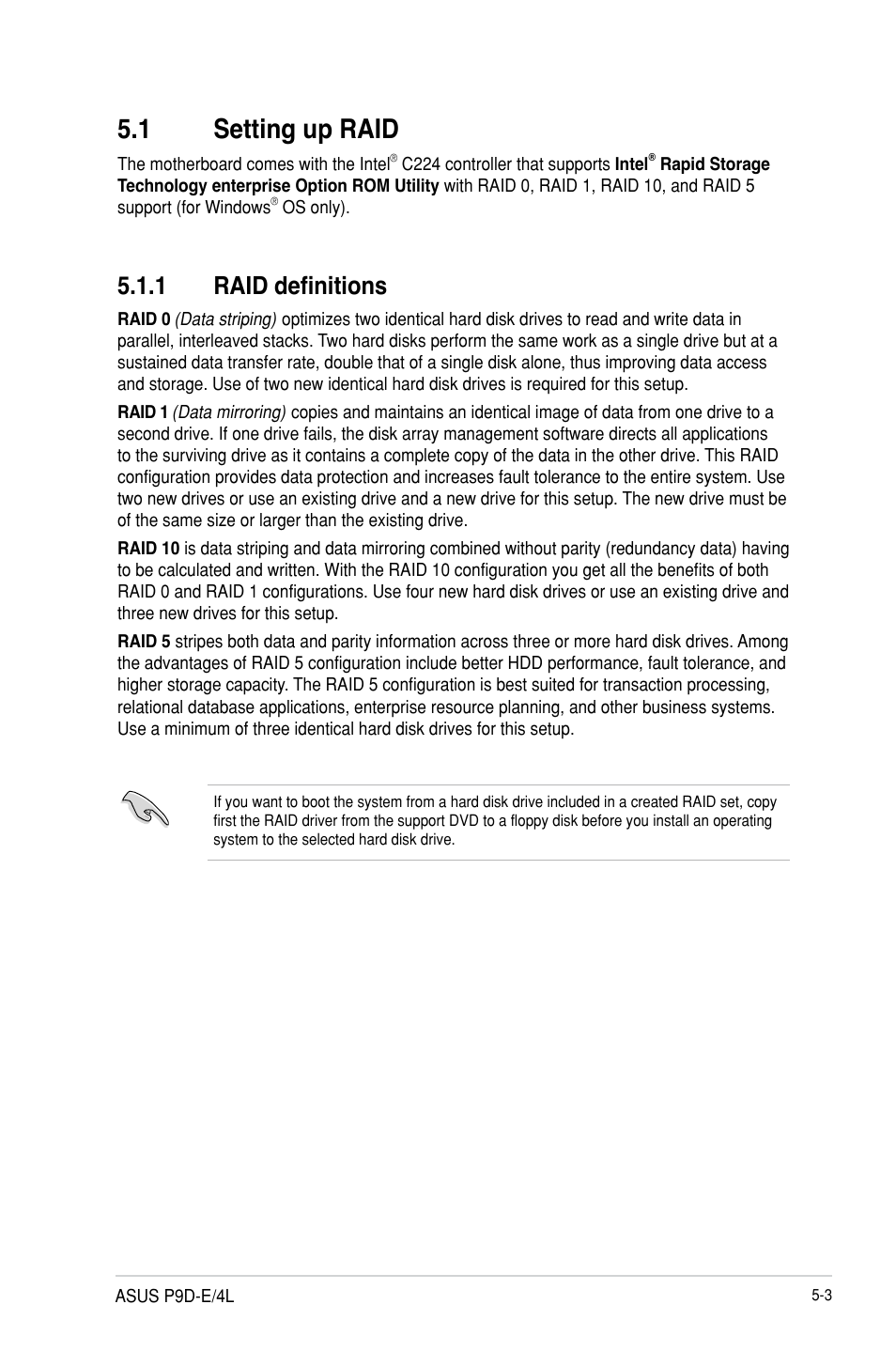 1 setting up raid, 1 raid definitions, Setting up raid -3 5.1.1 | Raid definitions -3, Setting up raid -3 | Asus P9D-E/4L User Manual | Page 108 / 159