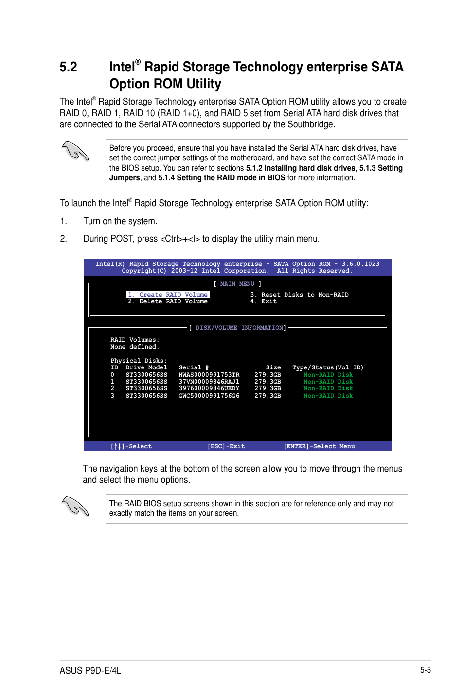 Intel, Rapid storage technology enterprise, Sata option rom utility -5 | 2 intel | Asus P9D-E/4L User Manual | Page 110 / 159