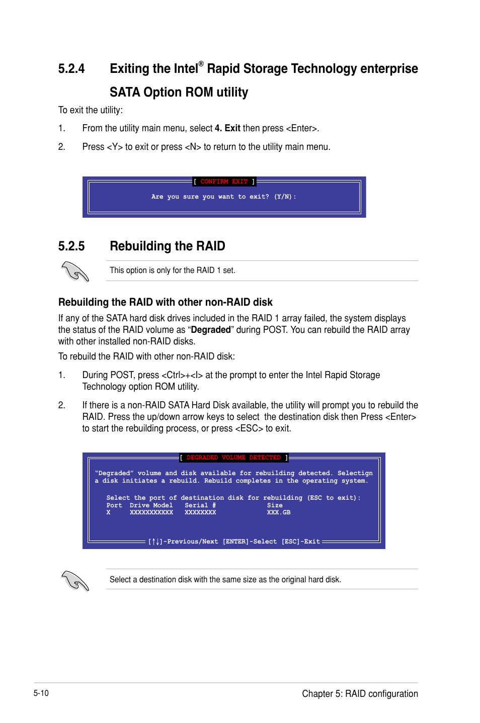 Sata option rom utility, 5 rebuilding the raid, Exiting the intel | Rapid storage technology enterprise, Sata option rom utility -10, Rebuilding the raid -10, 4 exiting the intel | Asus P9D-E/4L User Manual | Page 115 / 159