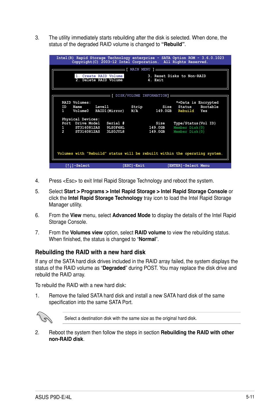 Rebuilding the raid with a new hard disk | Asus P9D-E/4L User Manual | Page 116 / 159