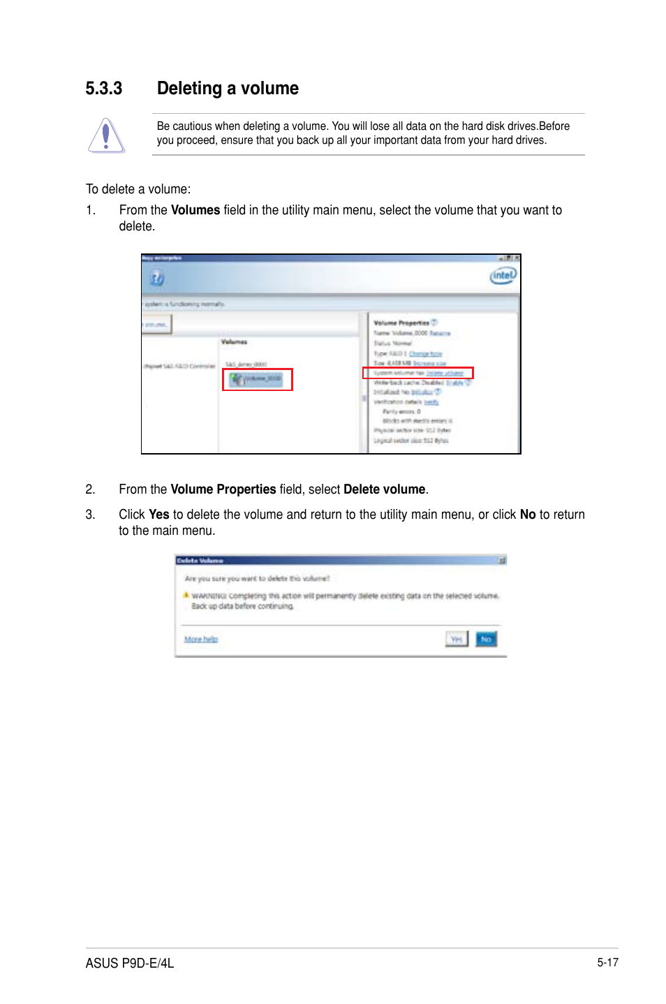 3 deleting a volume, Deleting a volume -17 | Asus P9D-E/4L User Manual | Page 122 / 159