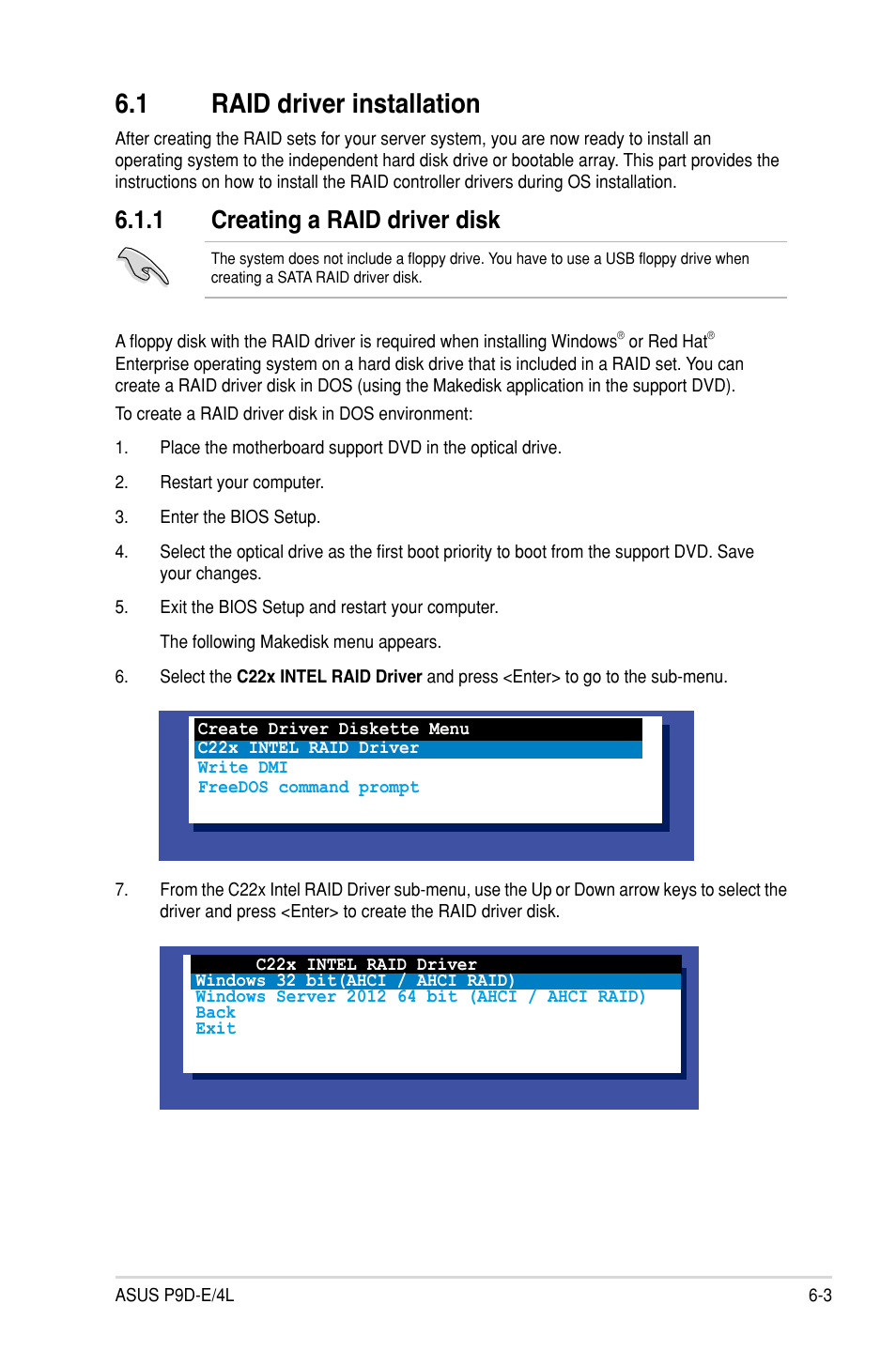 1 raid driver installation, 1 creating a raid driver disk, Raid driver installation -3 6.1.1 | Creating a raid driver disk -3, Raid driver installation -3 | Asus P9D-E/4L User Manual | Page 126 / 159