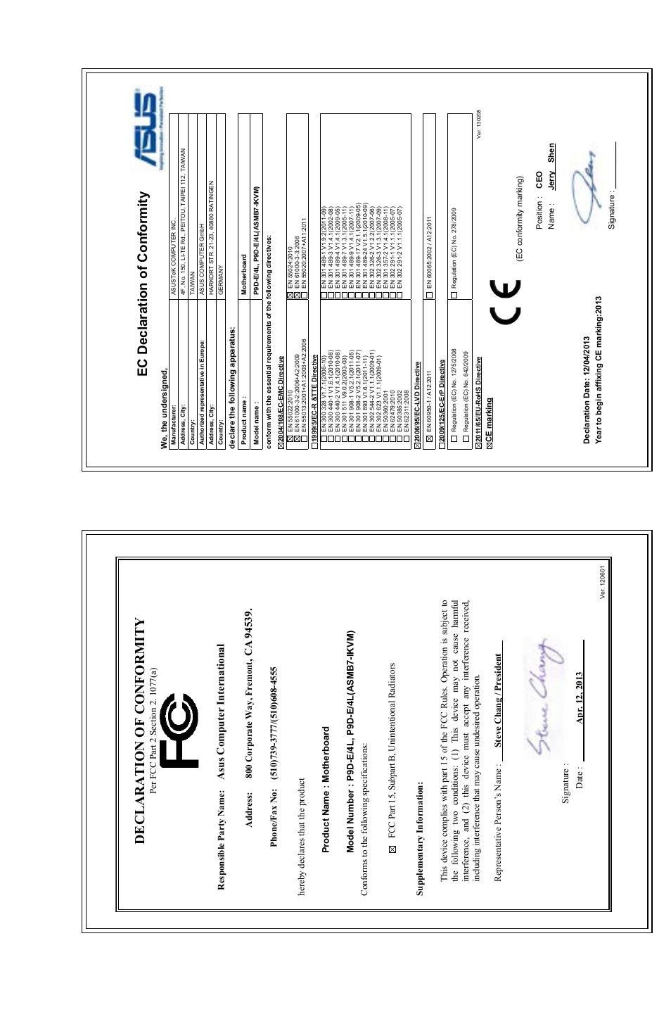 Declaration of conformity, Ec declaration of conformity, Asu s c om pu te r in te rn at io na l | Asus P9D-E/4L User Manual | Page 159 / 159