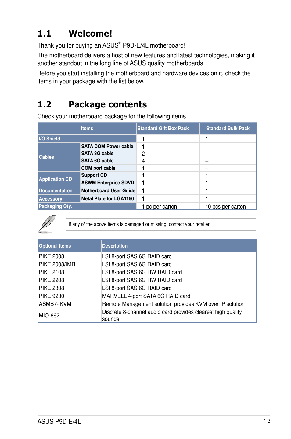 1 welcome, 2 package contents, Welcome! -3 | Package contents -3 | Asus P9D-E/4L User Manual | Page 17 / 159