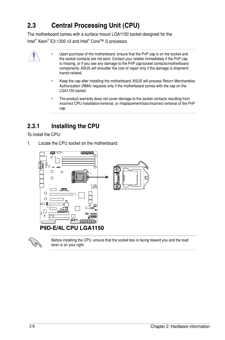 3 central processing unit (cpu), 1 installing the cpu, Central processing unit (cpu) -8 2.3.1 | Installing the cpu -8, Central processing unit (cpu) -8 | Asus P9D-E/4L User Manual | Page 28 / 159