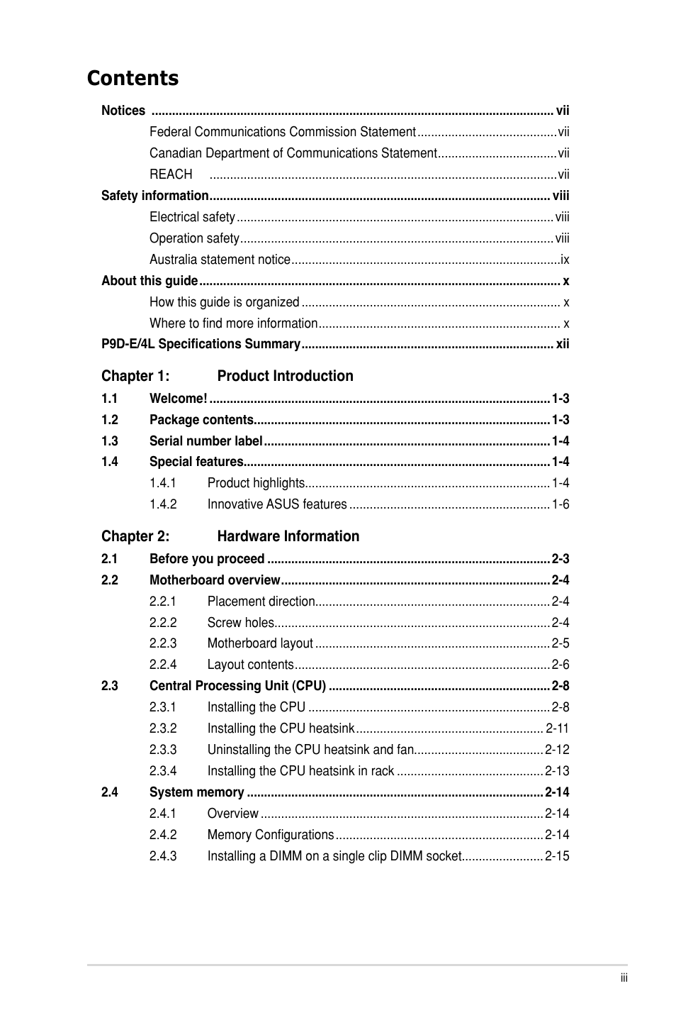 Asus P9D-E/4L User Manual | Page 3 / 159