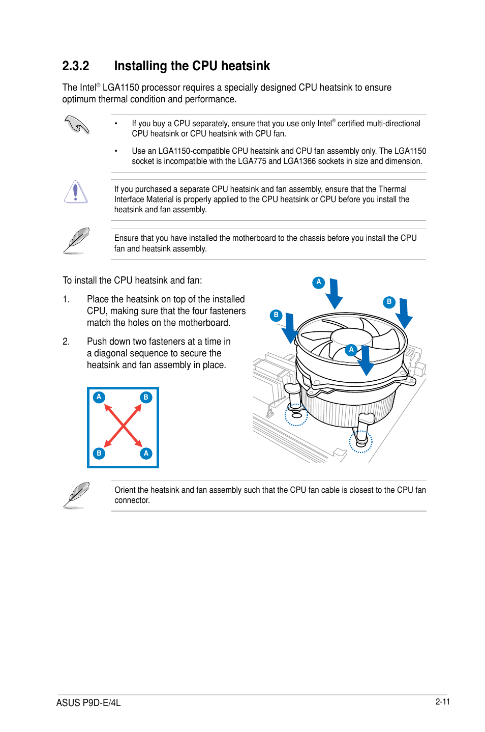 2 installing the cpu heatsink, Installing the cpu heatsink -11 | Asus P9D-E/4L User Manual | Page 31 / 159