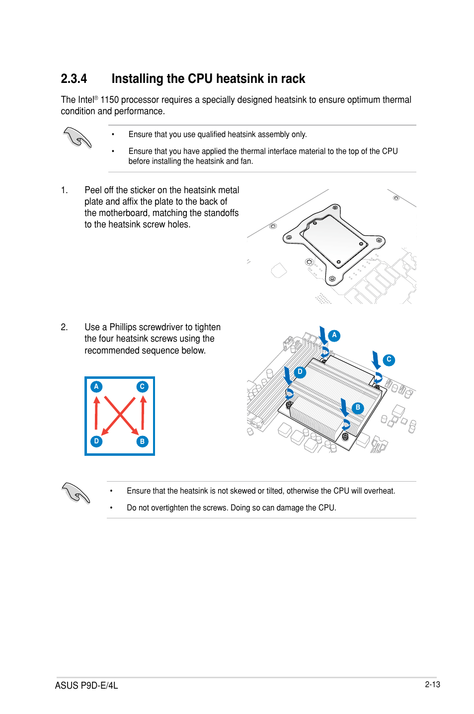 4 installing the cpu heatsink in rack, Installing the cpu heatsink in rack -13 | Asus P9D-E/4L User Manual | Page 33 / 159