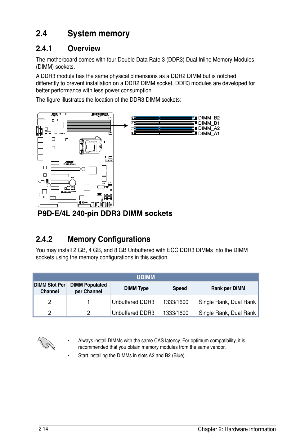 4 system memory, 1 overview, 2 memory configurations | System memory -14 2.4.1, Overview -14, Memory configurations -14, System memory -14 | Asus P9D-E/4L User Manual | Page 34 / 159