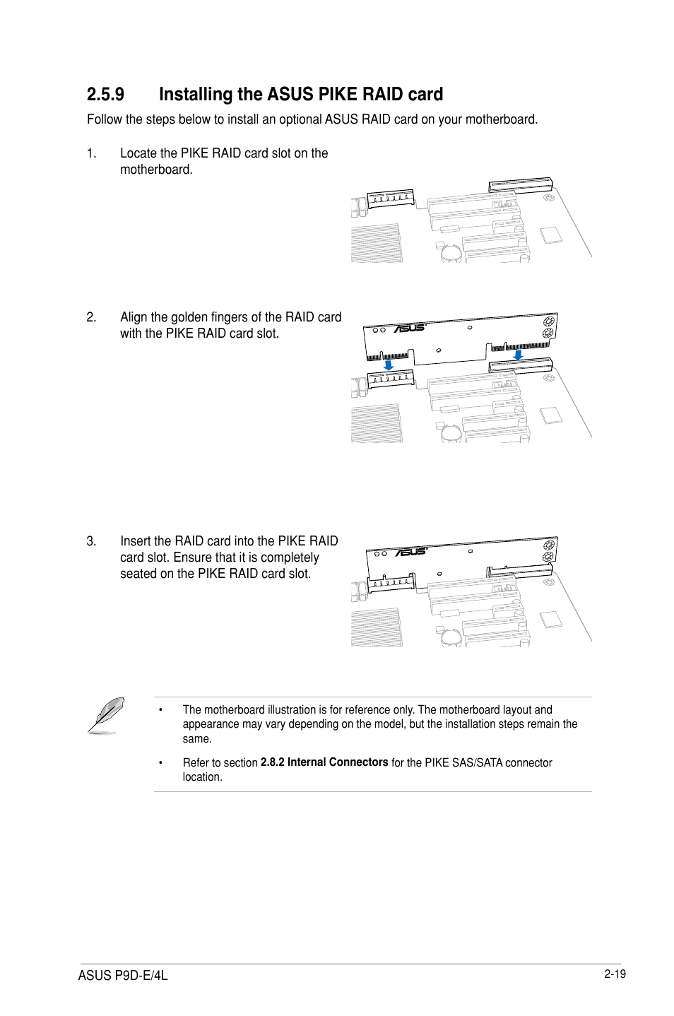 9 installing the asus pike raid card, Installing the asus pike raid card -19 | Asus P9D-E/4L User Manual | Page 39 / 159