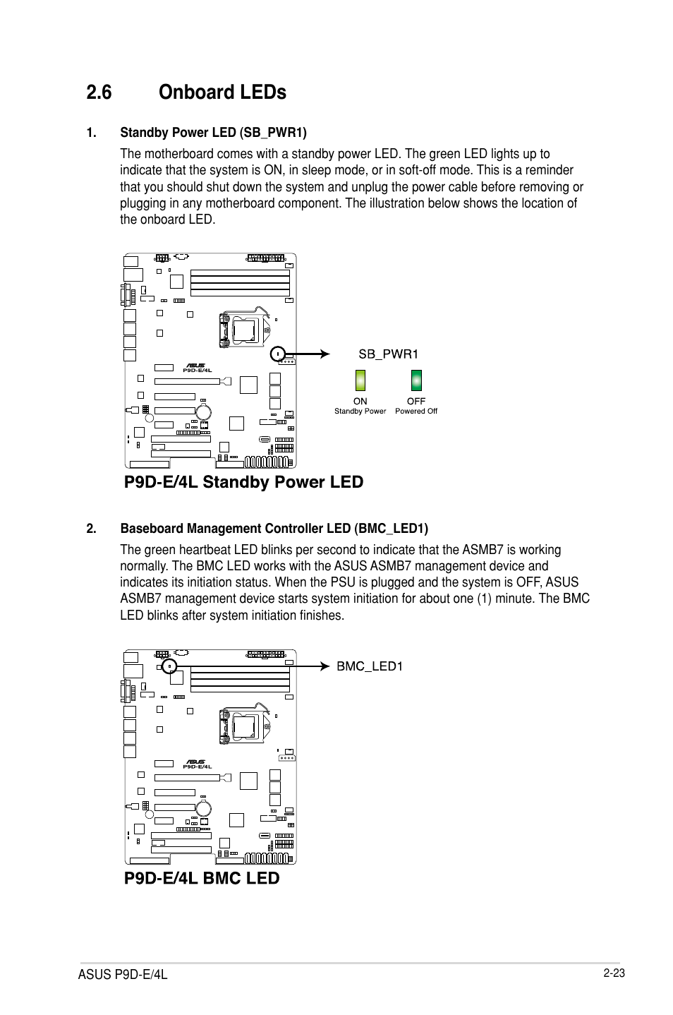 6 onboard leds, Onboard leds -23 | Asus P9D-E/4L User Manual | Page 43 / 159