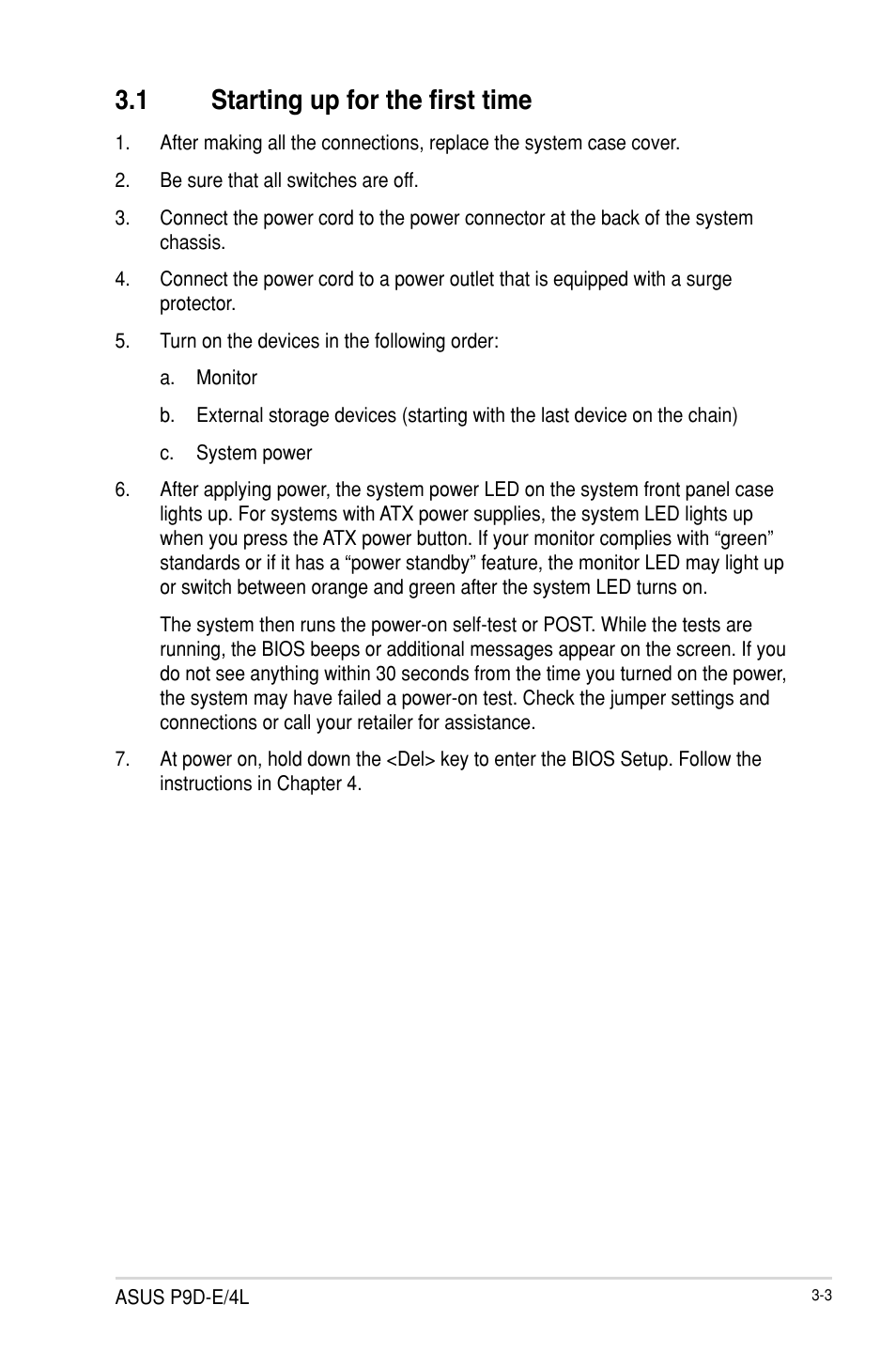 1 starting up for the first time, Starting up for the first time -3 | Asus P9D-E/4L User Manual | Page 64 / 159