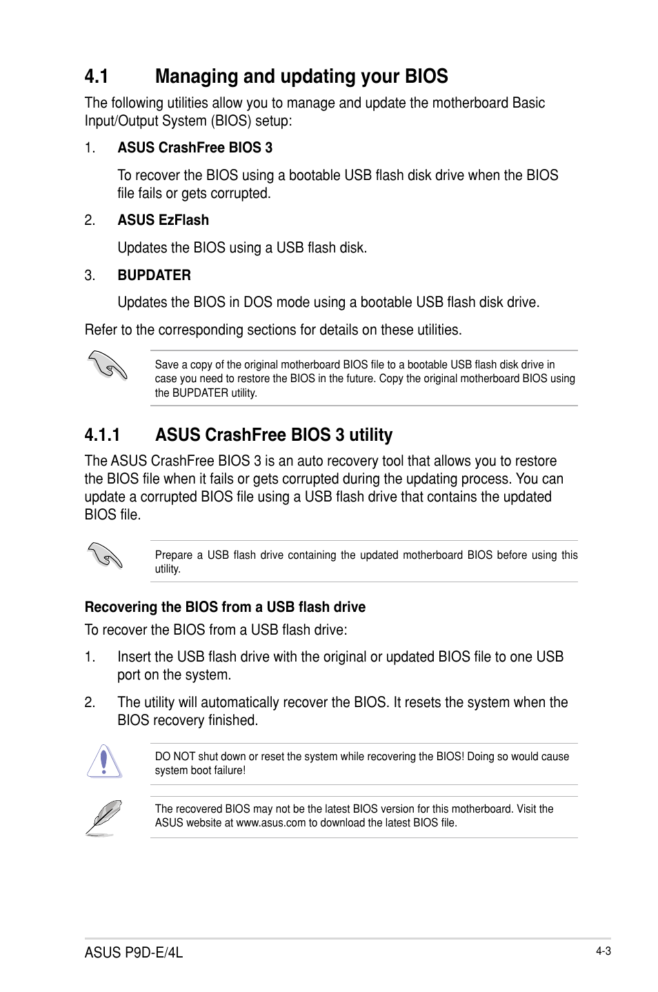 1 managing and updating your bios, 1 asus crashfree bios 3 utility, Managing and updating your bios -3 4.1.1 | Asus crashfree bios 3 utility -3, Managing and updating your bios -3 | Asus P9D-E/4L User Manual | Page 68 / 159