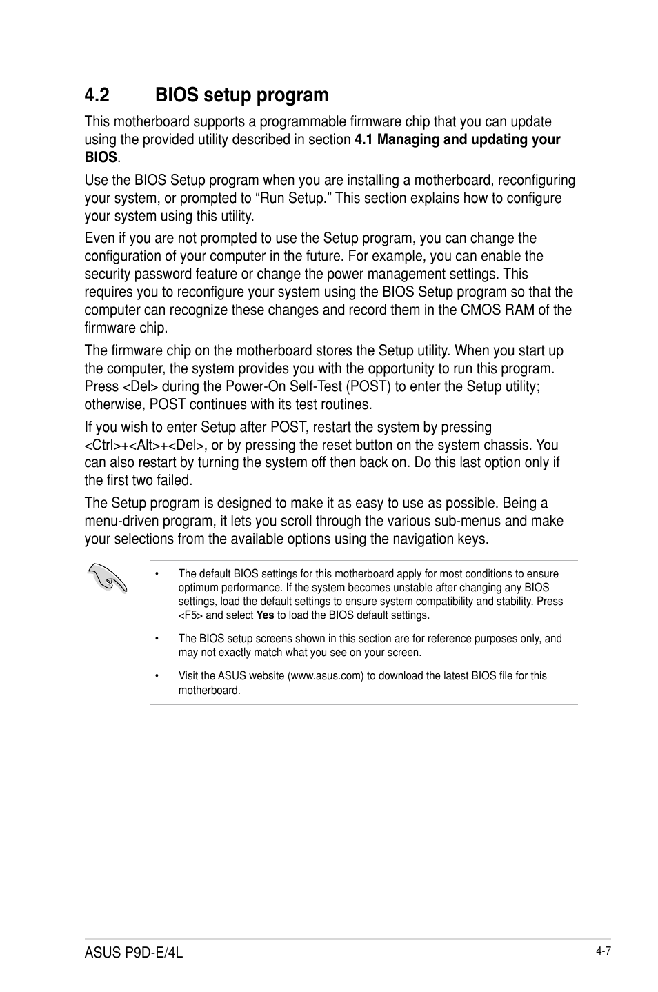 2 bios setup program, Bios setup program -7 | Asus P9D-E/4L User Manual | Page 72 / 159