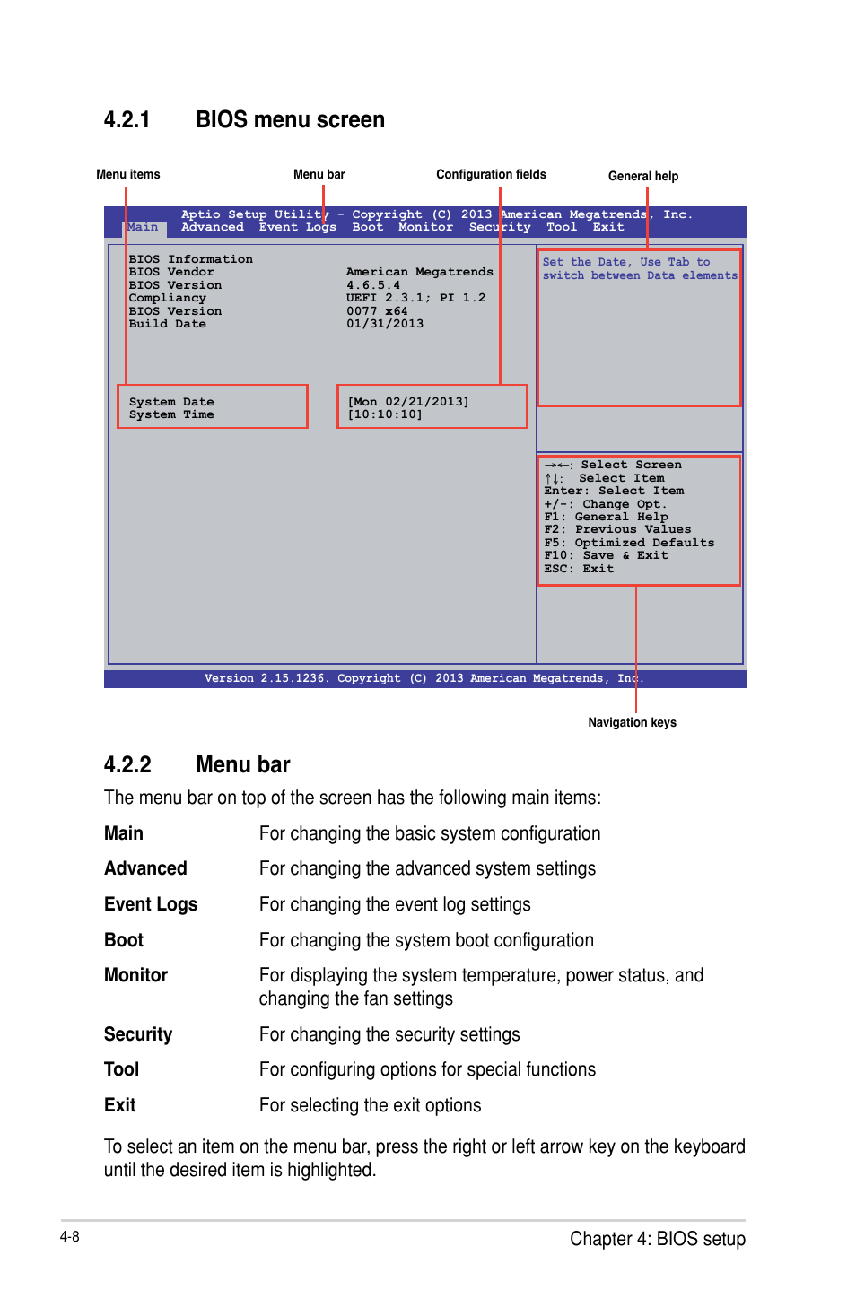 1 bios menu screen, 2 menu bar, Bios menu screen -8 | Menu bar -8 | Asus P9D-E/4L User Manual | Page 73 / 159