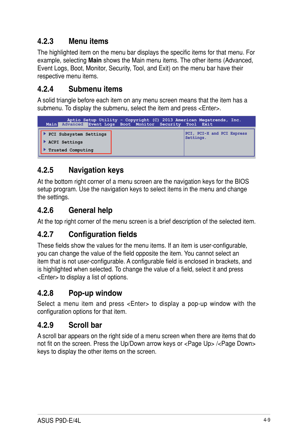 3 menu items, 4 submenu items, 5 navigation keys | 6 general help, 7 configuration fields, 8 pop-up window, 9 scroll bar, Menu items -9, Submenu items -9, Navigation keys -9 | Asus P9D-E/4L User Manual | Page 74 / 159