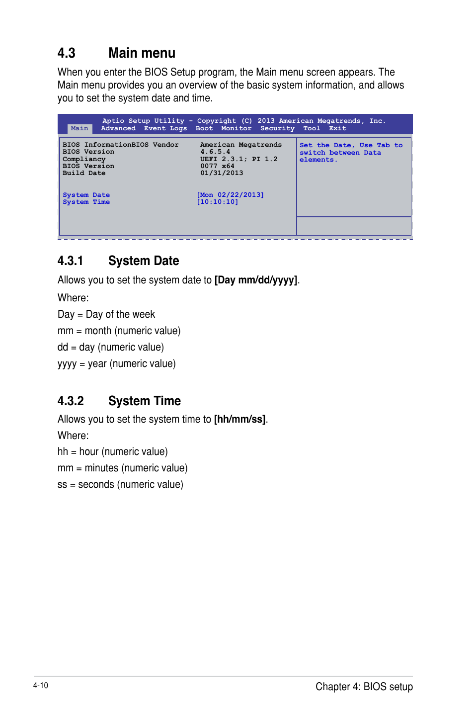 3 main menu, 1 system date, 2 system time | Main menu -10 4.3.1, System date -10, System time -10, Main menu -10 | Asus P9D-E/4L User Manual | Page 75 / 159