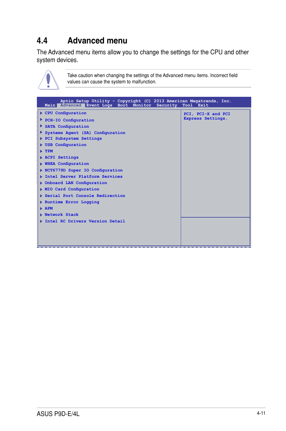 4 advanced menu, Advanced menu -11, Asus p9d-e/4l | Asus P9D-E/4L User Manual | Page 76 / 159