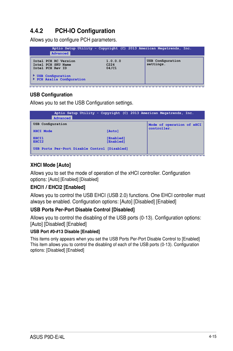 2 pch-io configuration, Pch-io configuration -15, Asus p9d-e/4l | Allows you to configure pch parameters | Asus P9D-E/4L User Manual | Page 80 / 159