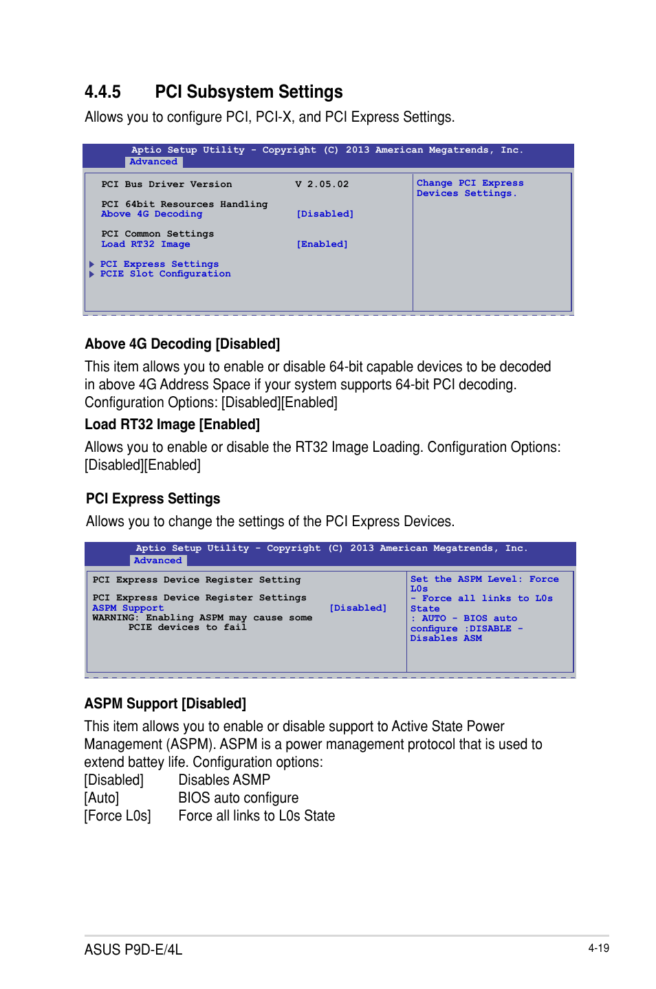 5 pci subsystem settings, Pci subsystem settings -19, Asus p9d-e/4l | Asus P9D-E/4L User Manual | Page 84 / 159