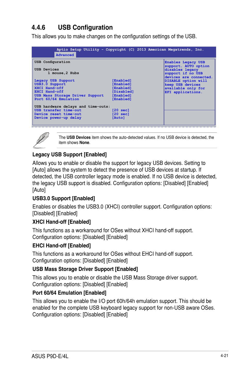 6 usb configuration, Usb configuration -21, Asus p9d-e/4l | Asus P9D-E/4L User Manual | Page 86 / 159