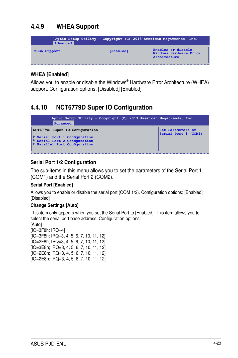 9 whea support, 10 nct6779d super io configuration, Whea support -23 | Nct6779d super io configuration -23, Asus p9d-e/4l | Asus P9D-E/4L User Manual | Page 88 / 159