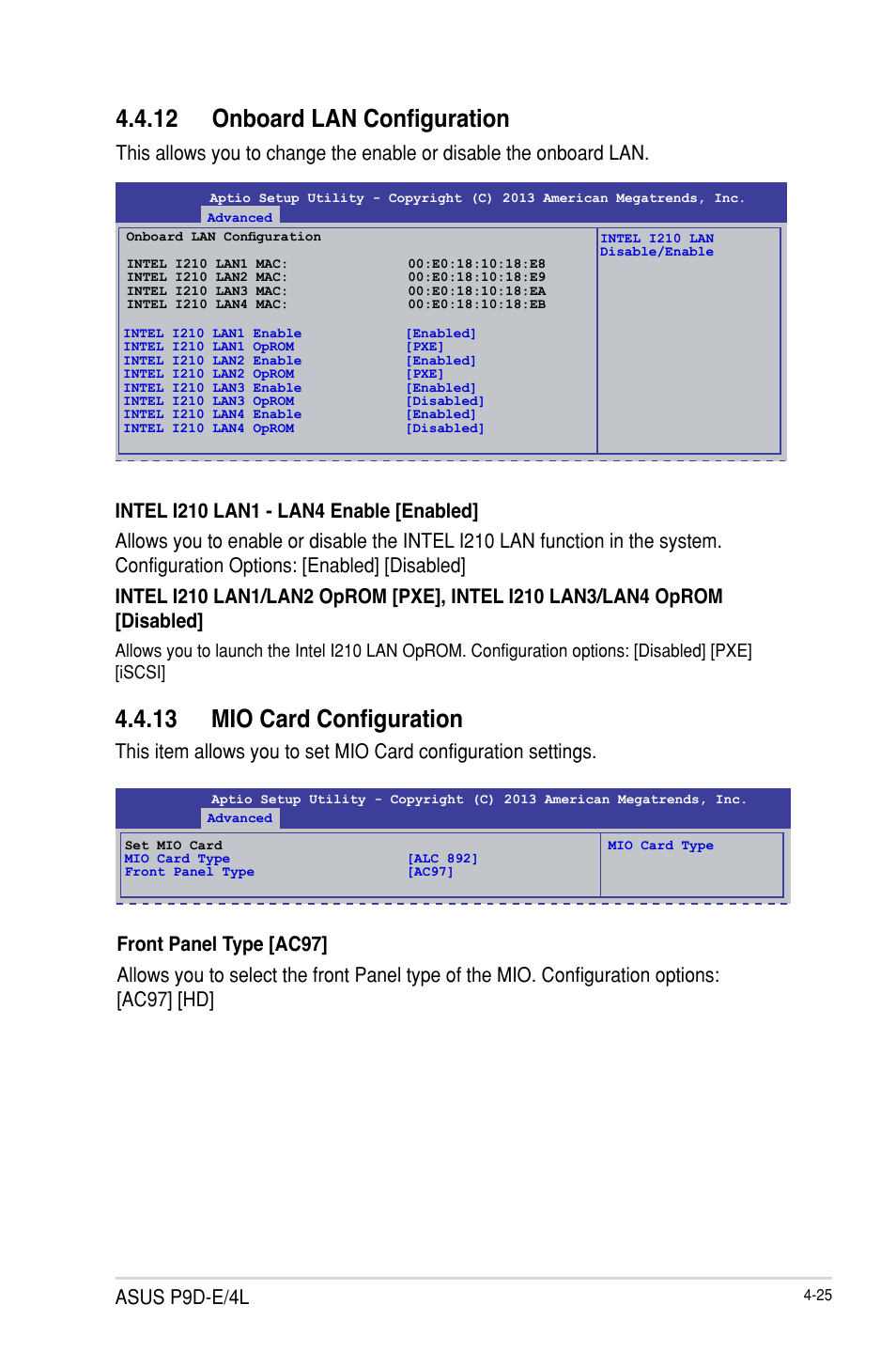 12 onboard lan configuration, 13 mio card configuration, Onboard lan configuration -25 | Mio card configuration -25, Asus p9d-e/4l | Asus P9D-E/4L User Manual | Page 90 / 159