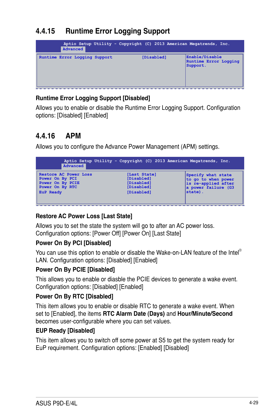 15 runtime error logging support, 16 apm, Runtime error logging support -29 | Apm -29, Asus p9d-e/4l | Asus P9D-E/4L User Manual | Page 94 / 159