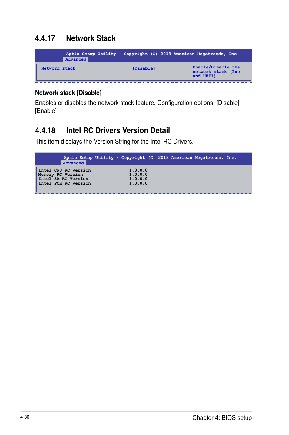 17 network stack, 18 intel rc drivers version detail, Network stack -30 | Intel rc drivers version detail -30 | Asus P9D-E/4L User Manual | Page 95 / 159