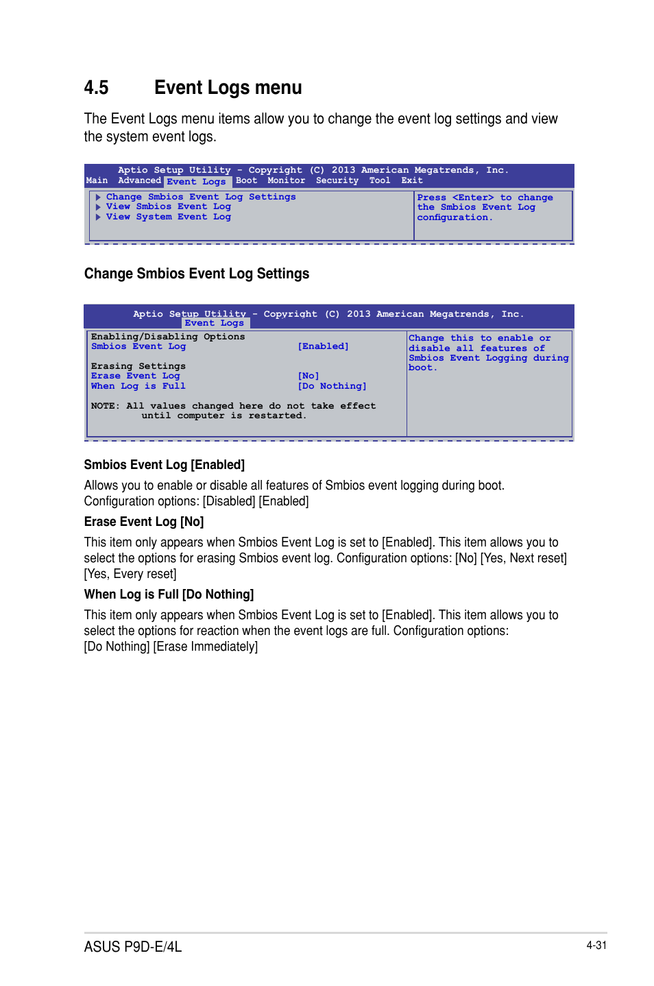 5 event logs menu, Event logs menu -31, Asus p9d-e/4l | Change smbios event log settings | Asus P9D-E/4L User Manual | Page 96 / 159