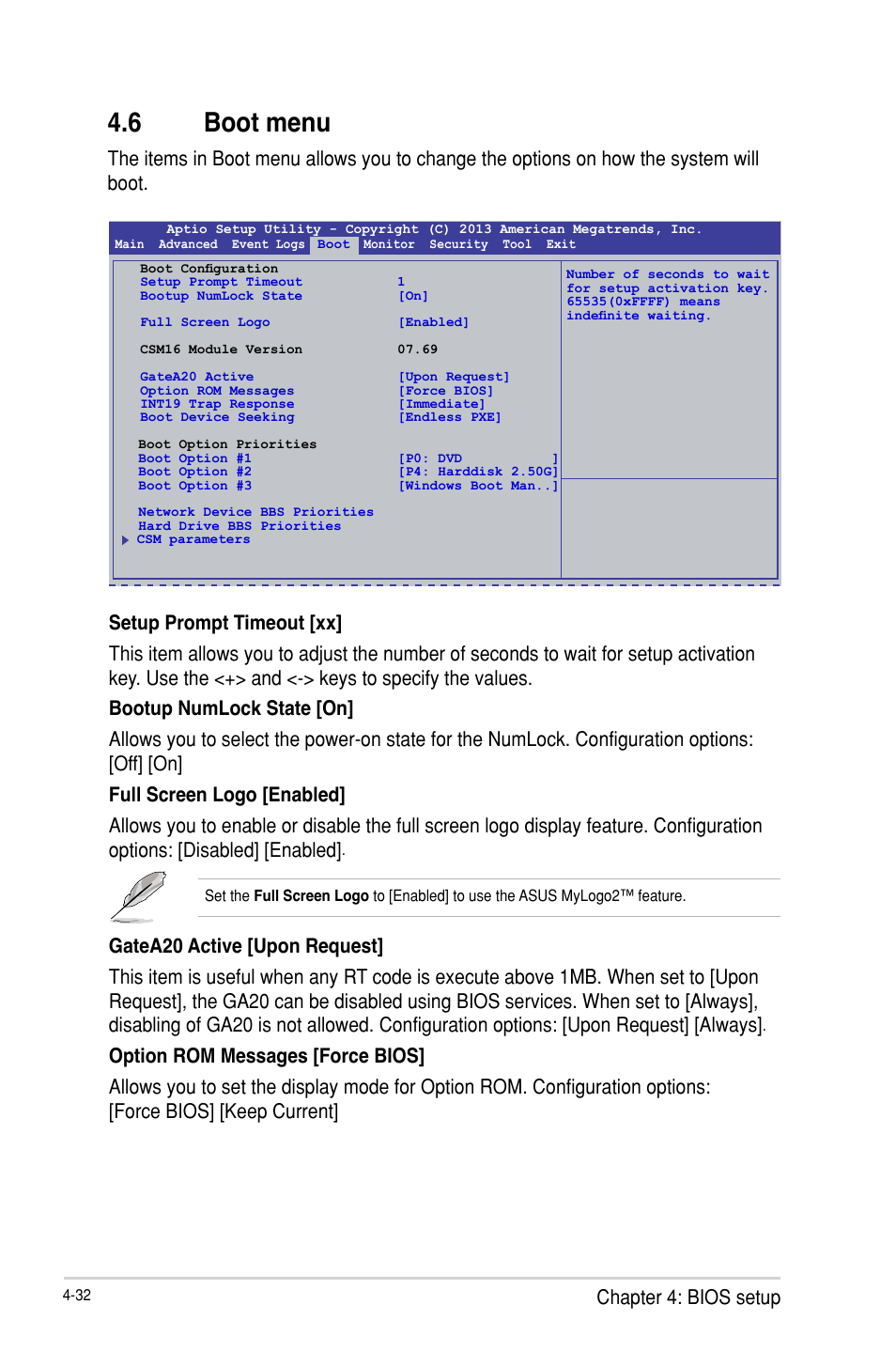 6 boot menu, Boot menu -32, Chapter 4: bios setup | Asus P9D-E/4L User Manual | Page 97 / 159