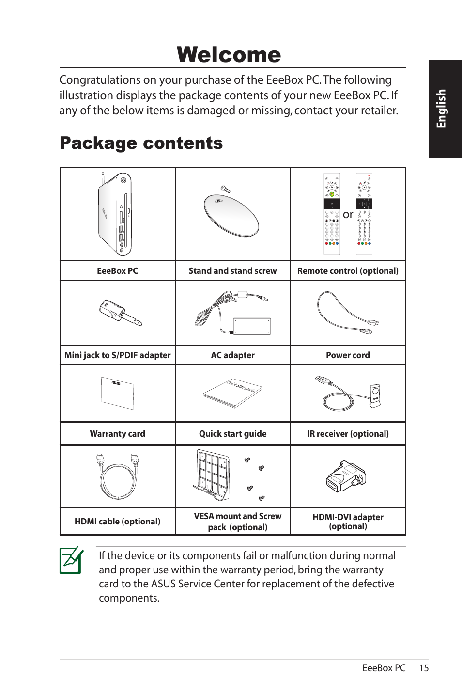 Welcome, Package contents, English | Asus EB1502 User Manual | Page 15 / 46