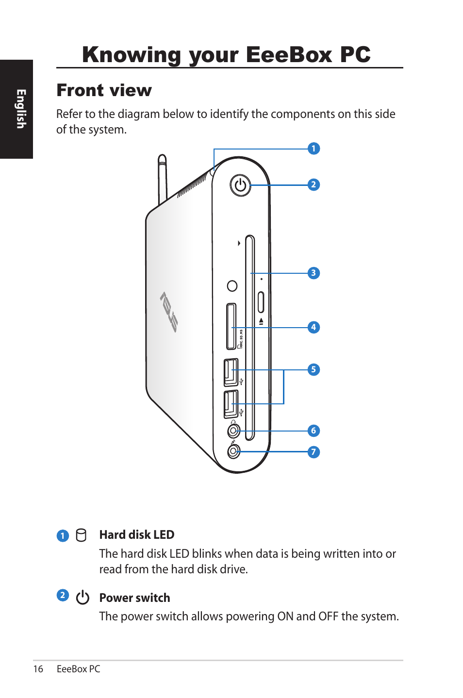 Knowing your eeebox pc, Front view | Asus EB1502 User Manual | Page 16 / 46