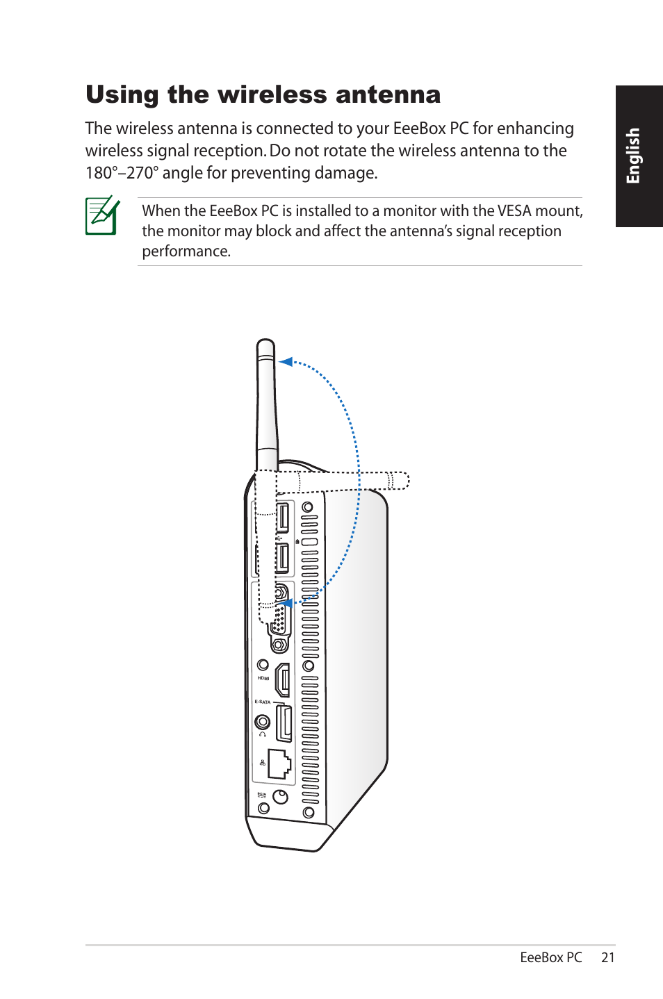 Using the wireless antenna, English | Asus EB1502 User Manual | Page 21 / 46