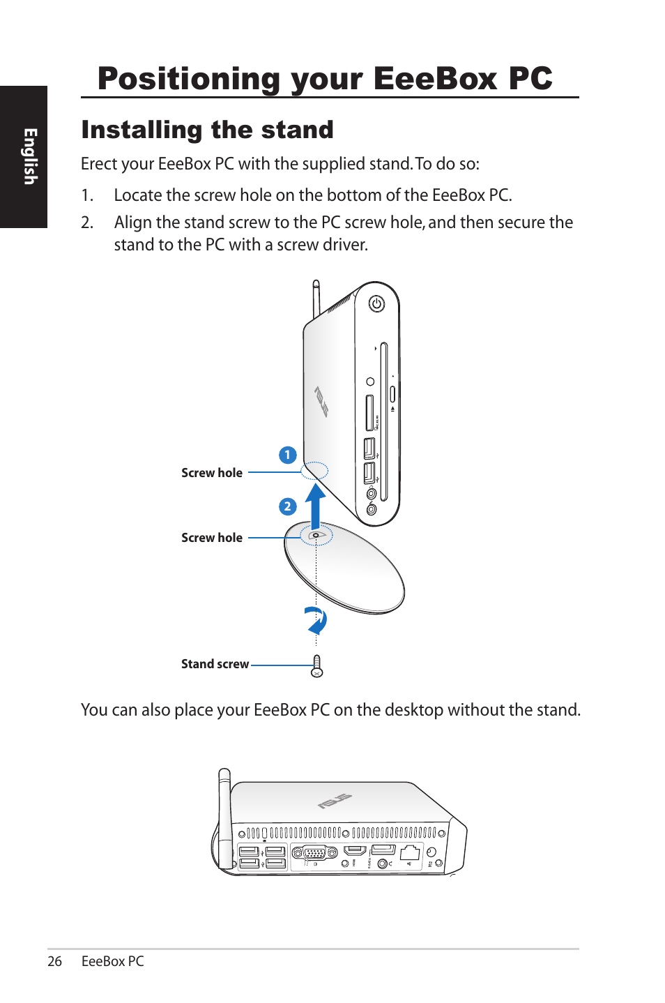 Positioning your eeebox pc, Installing the stand, English | Asus EB1502 User Manual | Page 26 / 46