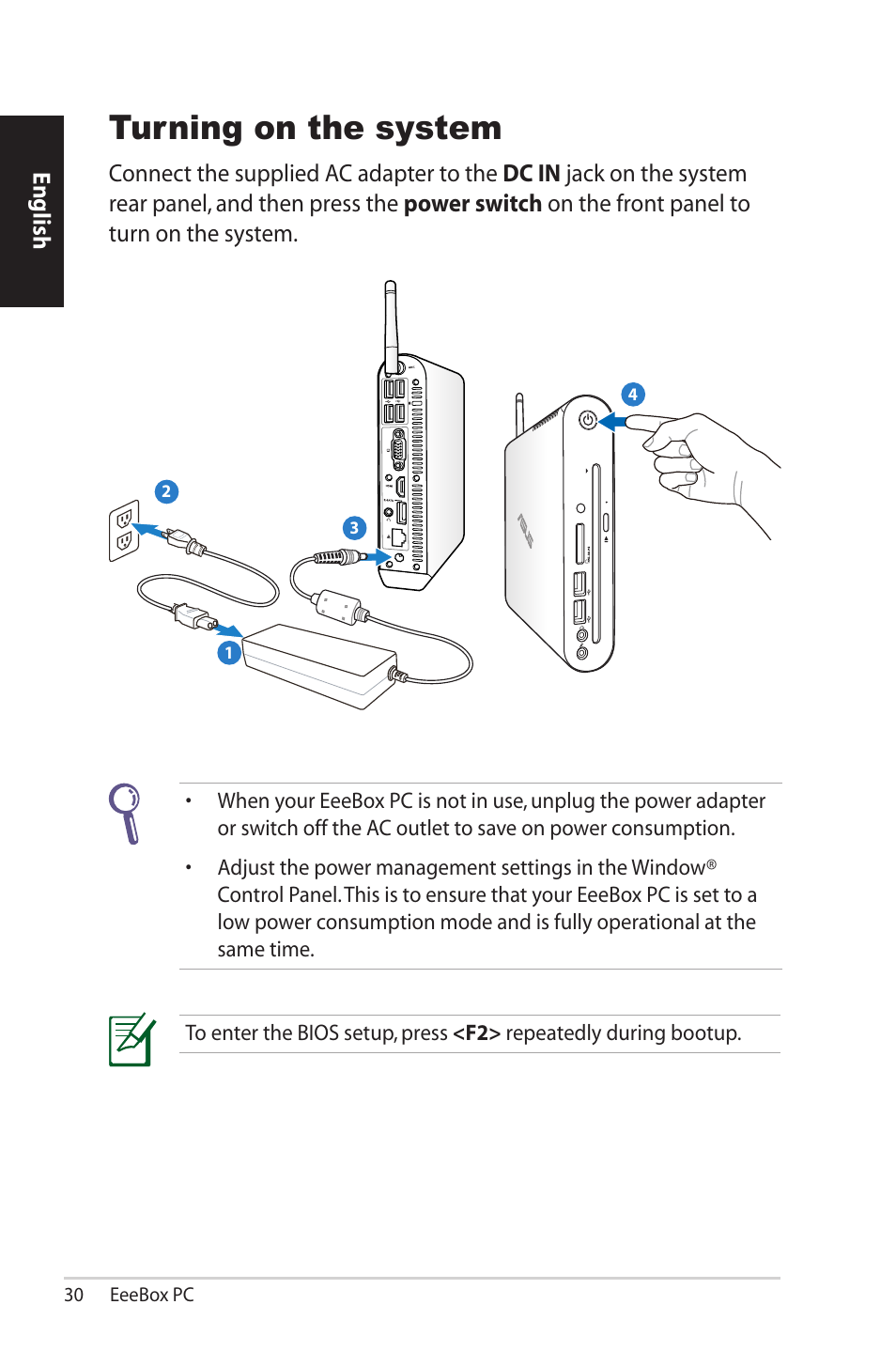 Turning on the system | Asus EB1502 User Manual | Page 30 / 46