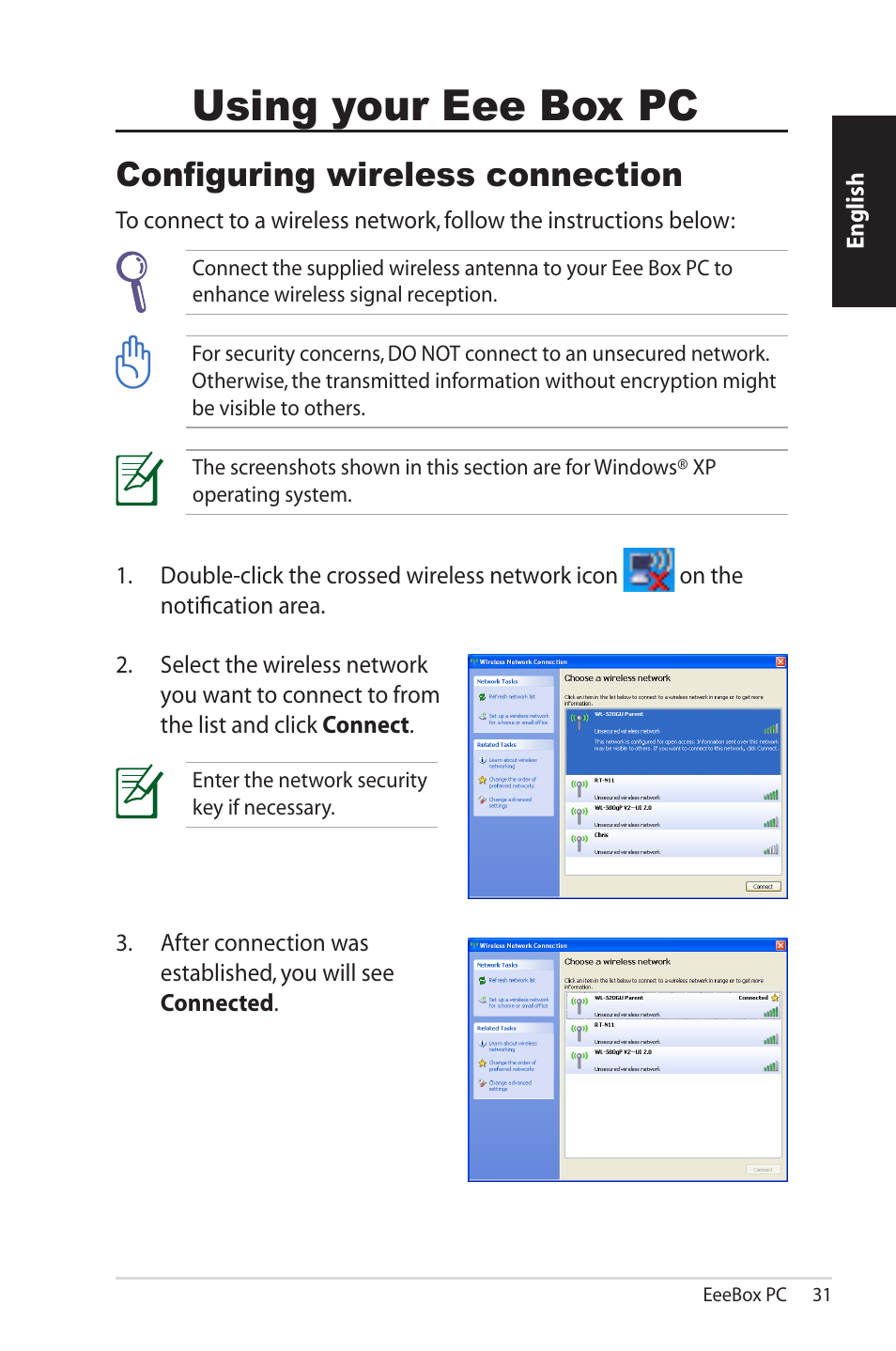 Using your eee box pc, Configuring wireless connection | Asus EB1502 User Manual | Page 31 / 46